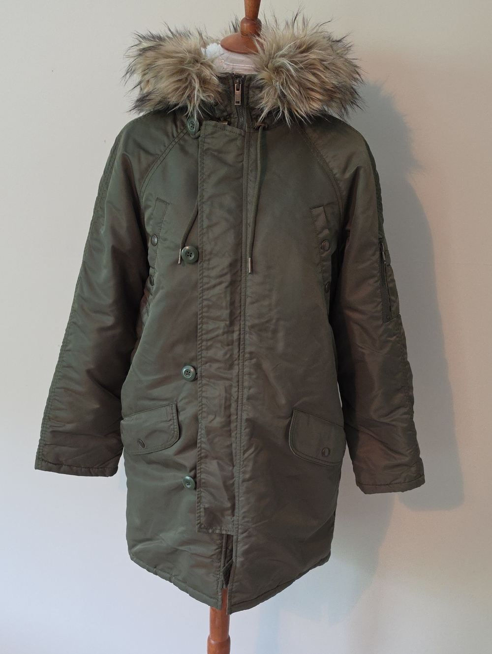 American Eagle Full Zip Green Parka Coat with Faux Fur Hood Winter Jacket
